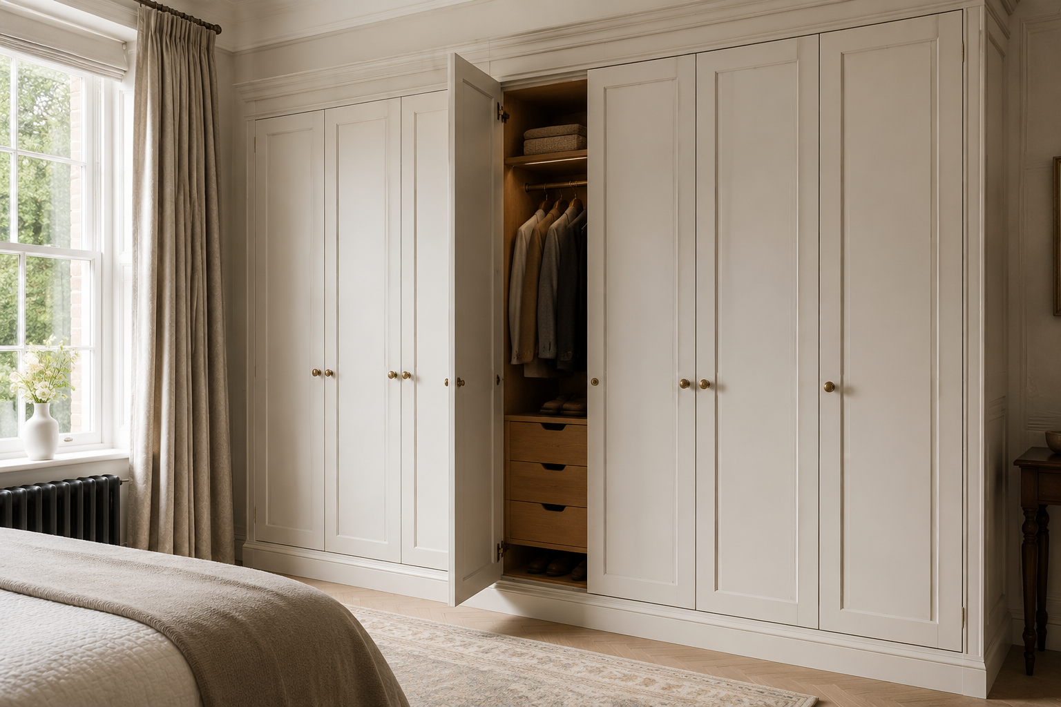 Heritage-style in-frame fitted wardrobes in a period bedroom